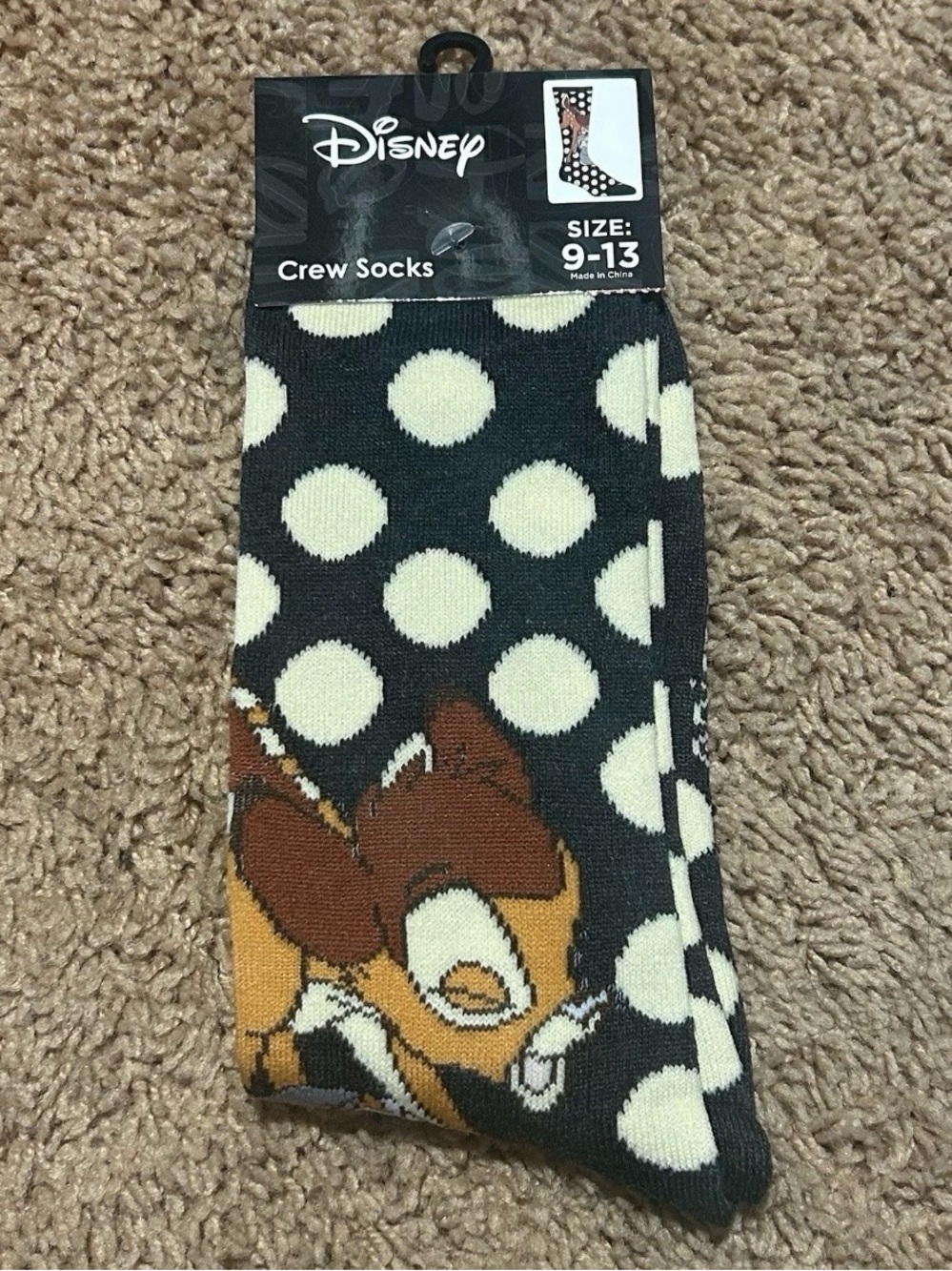 Disney Bambi Crew Socks NWT Size 9-13 Dark Gray Black w White Polka Dots